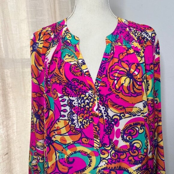 Lilly Pulitzer Elsa Silk Top Sea and Be Seen Pink Blue Blouse Women's Size Large - Picture 4 of 11